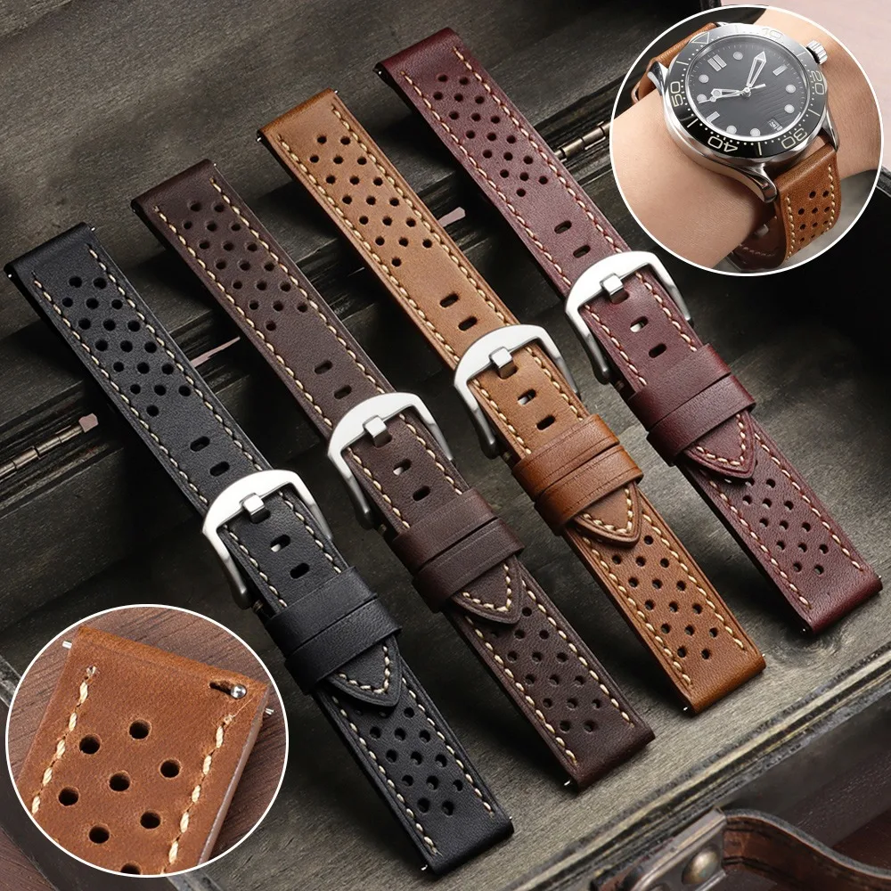 20mm 22mm Universal Men Women Business Cowhide Leather Strap Porous Retro Quick Release Watch Bands Bracelet for Seiko for Rolex