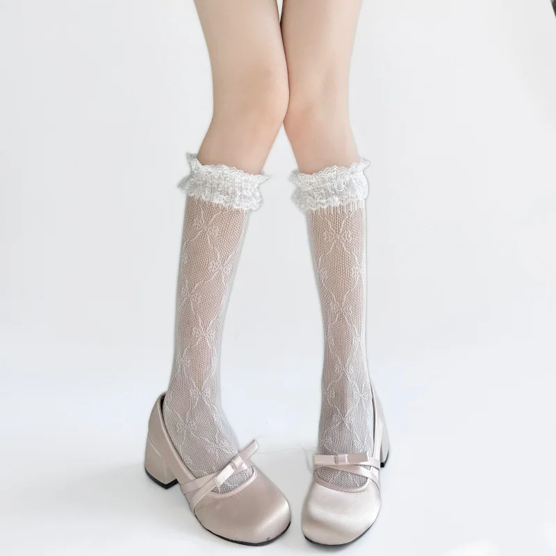 Spring Summer Fresh White Lace Ruffle Calf Socks Japanese Balletcore Design All Over Bow Sweet Ladies Fashion Scrunch Socks