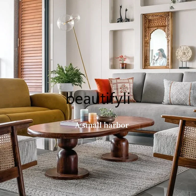 

zzqWabi-sabi wind living room household small apartment artistic creativity high sense modern simple solid wood oval coffee tab
