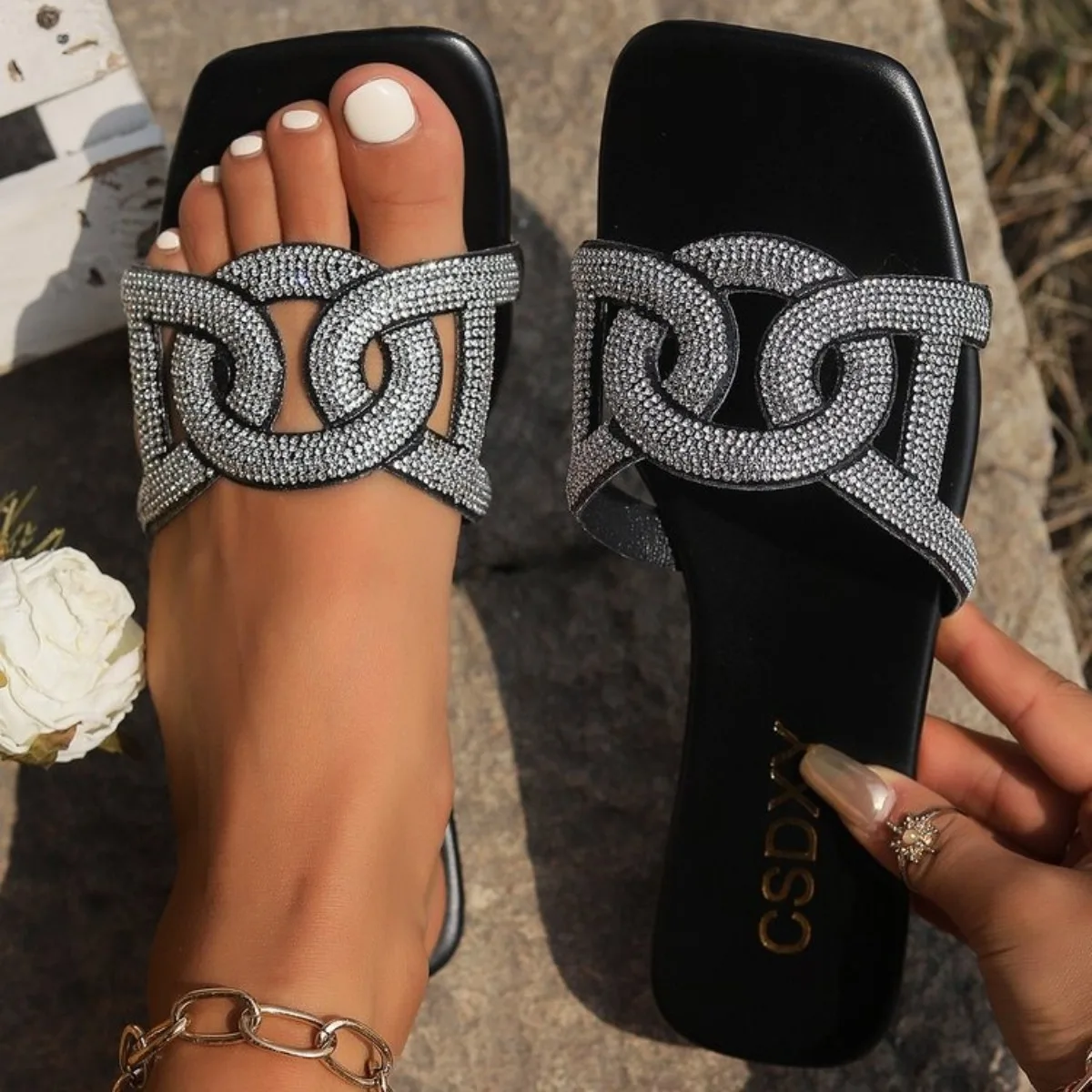

Women Bling Rhinestone Decor Slide Sandals Summer Fashion Casual Outdoor Office Party Elegant Sexy 2025 New Light Flats Black