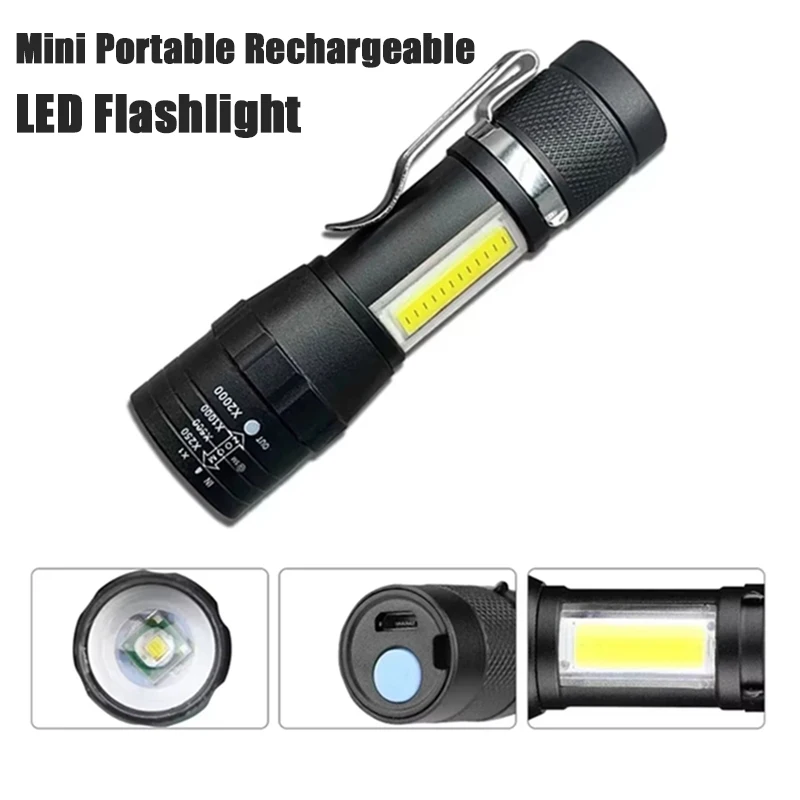 مصباح يدوي LED محمول قابل لإعادة الشحن مع مشبك قلم، شعلة مقاومة للماء قابلة للتكبير مع ضوء جانبي، فانوس طوارئ للتخييم في الهواء الطلق