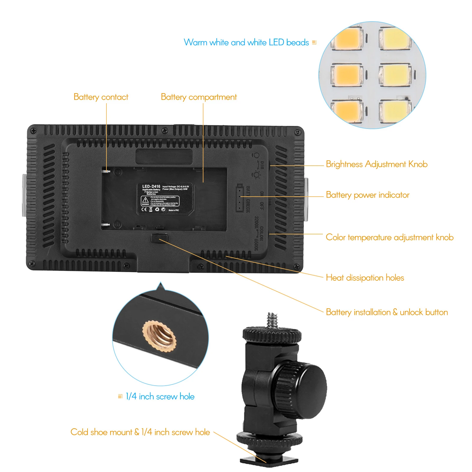 LED-416 LED Video Light Professional On-Camera Photography Light Panel 416PCS Bright Light Beads with 1/4” Screw Hole Ball Head