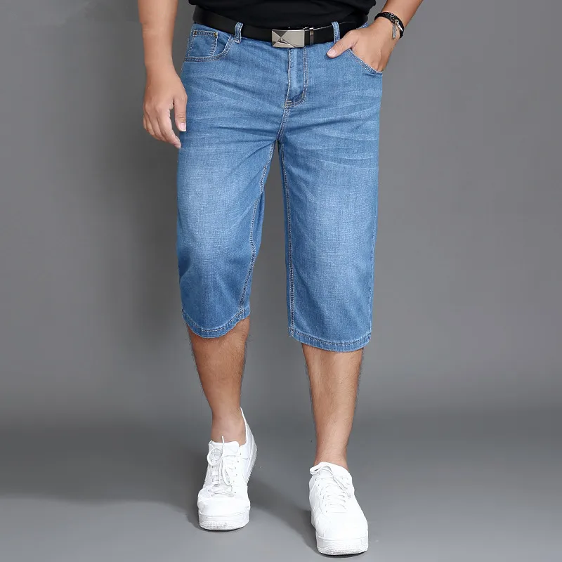 Summer Jeans Shorts Mens Denim Elastic Stretched Thin Short Jean Oversized Plus Light Blue 42 44 46 48 Male Calf Length Trousers