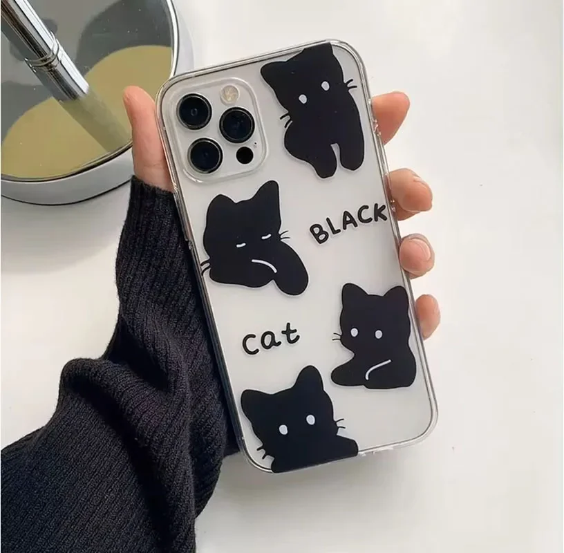 Black Little Cat Phone Case for iPhone 16 15 14 13 12 11 Pro Max X Xs Max XR 12 Mini Soft Clear Cover Transparent Fundas