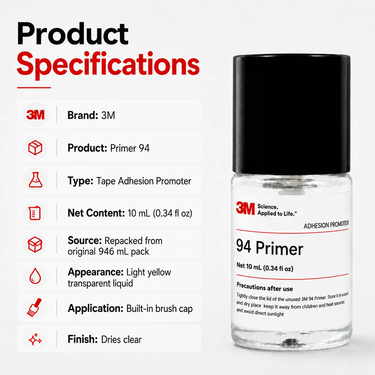 Original 3M Primer 94 Adhesion Promoter 10ml Repack High Adhesion Surface Treatment for Car Wrap Tape Plastic Metal