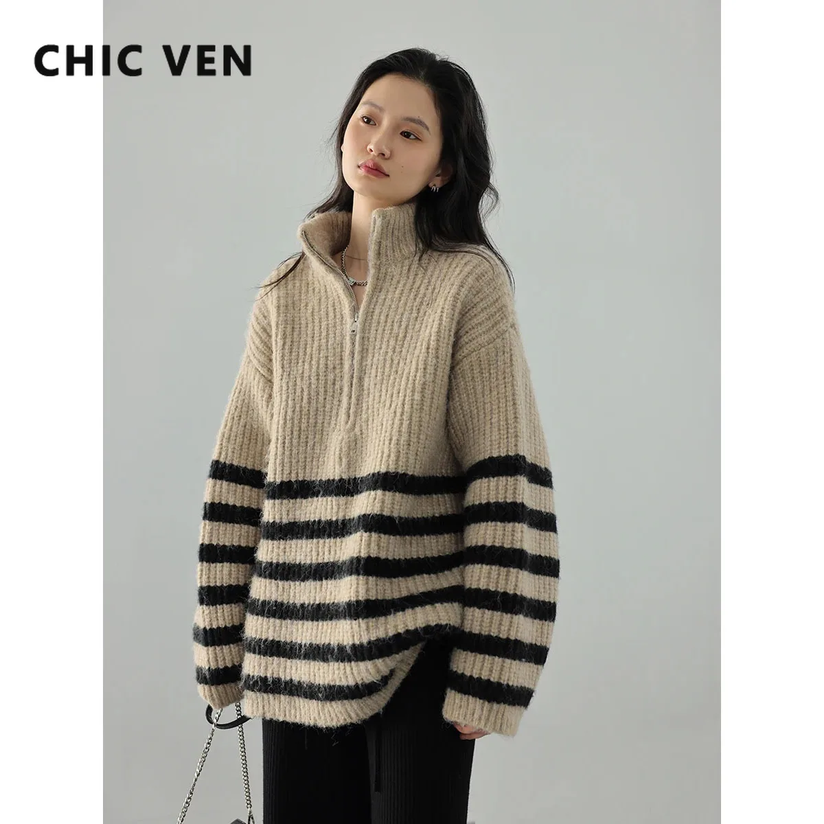 

CHIC VEN Women Sweaters Turtleneck Zipper Contrast Stripe Jumpers Thickened Pullovers Warm Female Coat Autumn Winter 2023