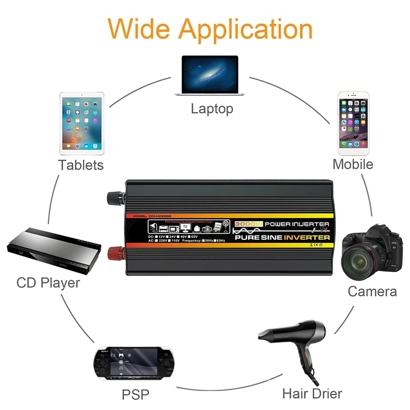 3000w 12v 24v 48v a 220v 110v soquete conversor de potência do carro inversor carregador adaptador transformador tensão onda senoidal pura 50hz 60hz