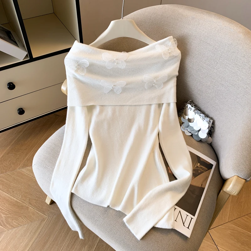 

Pure Desire Sle Вязаный свитер на одно плечо Женский тонкий ранний осенний высококачественный топ из полиэфирного волокна