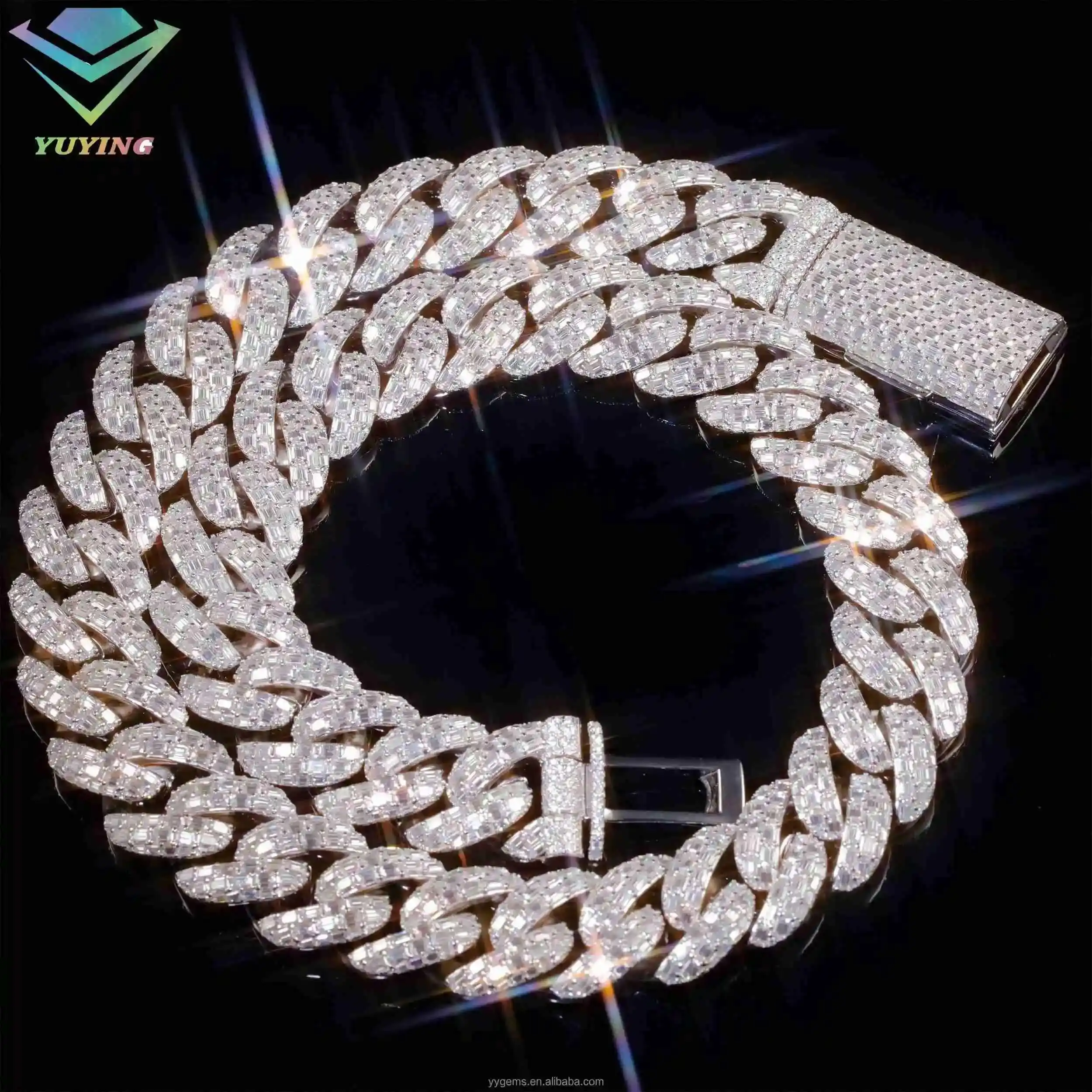 

Luxury Design VVS Baguette Moissanite Chain 23mm Wide 925 Solid Silver 18k Gold Plated Iced Diamond Rapper Cuban Link Necklace