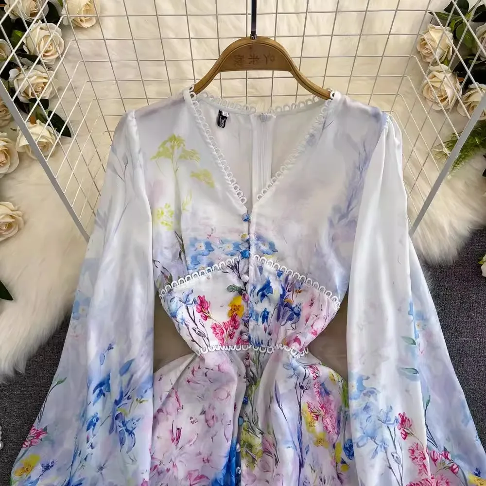 Imagem -03 - Vestido Maxi Oco de Renda Feminino Gola v Manga Lanterna Cintura Alta Estampa Floral Robe Longo Boho Primavera Verão Nova Moda 2023