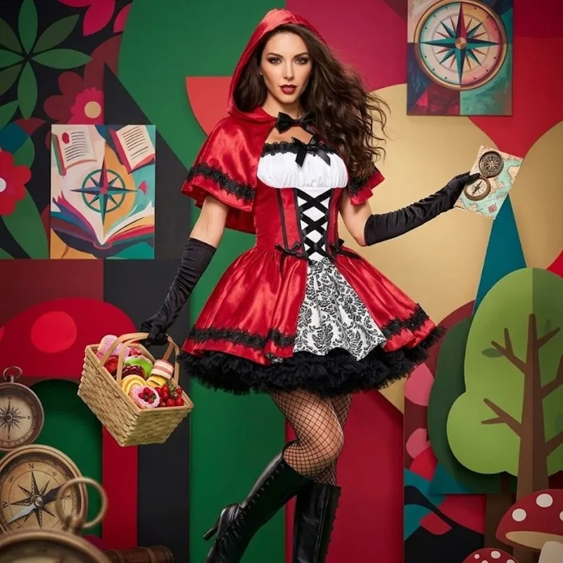 Disfraz de Caperucita Roja de cuento de hadas oscuro, falda corta de encaje satinado, capa roja, disfraz para fiesta de Halloween