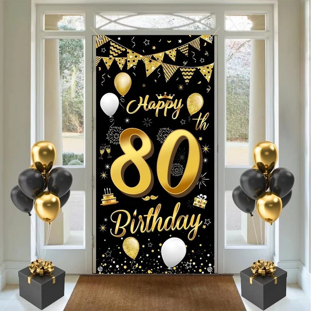 Fröhliches 80. Geburtstag Türbanner Schwarz-Gold Glitzer Geburtstags-Türdekoration Foto-Requisiten für Erwachsene 80. Geburtstags-Dekoration