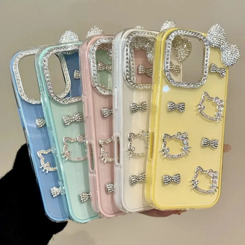 

Kawaii Hello Kitty Sparkling Diamond Hollow Bow Mobile Phone Shell Anime Fashion Cartoon Case for IPhone12/13pro 14/15/16promax