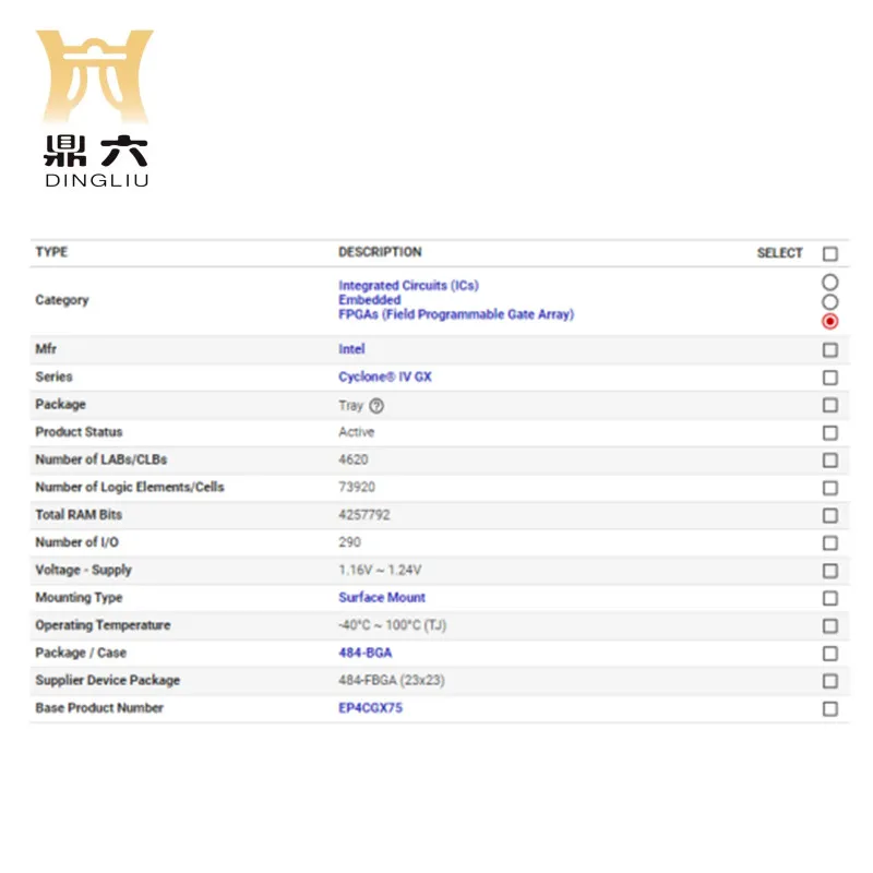 EP4CGX75CF23I7N IC FPGA 290 I/O 484FBGA   EP4CGX75CF23I7N  Field Programmable Gate Array (FPGA) IC