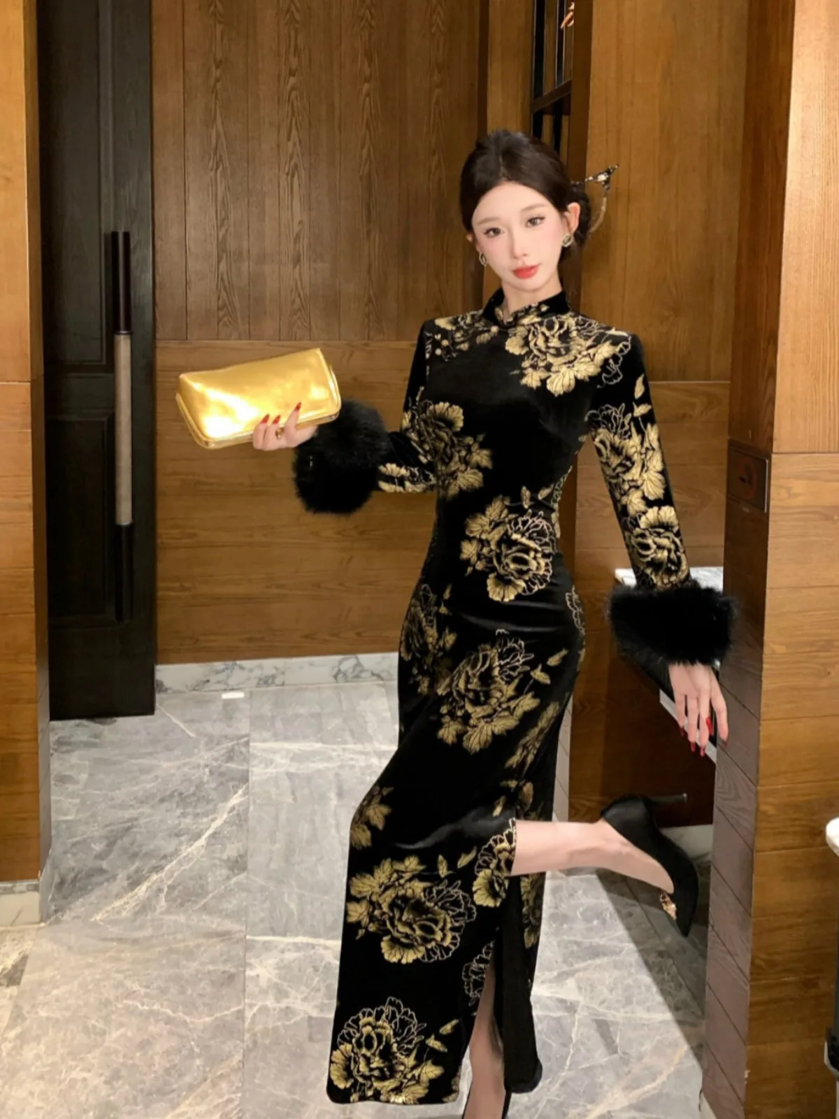 جديد الصينية Sle التخسيس تشيباو الدكتور الذهب الطباعة المرأة Faion الخريف الشتاء تنوعا عالية طوق طويل Sve ميدي الدكتور