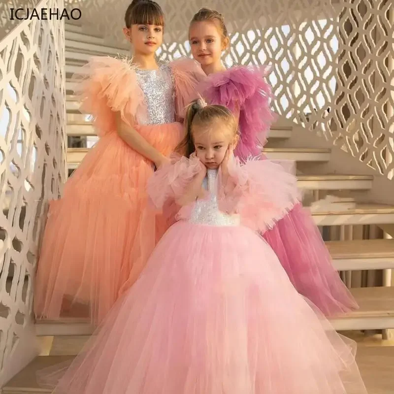 

2025 Girl Weddings Birthday Party Sequins Dresses Quinceanera Kid Pageant Evening Gowns Robe Girls First Communion Dress Vestido