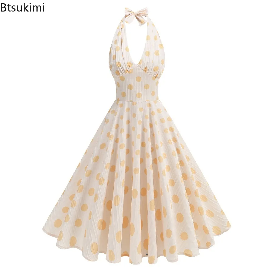 Nouveau 2025 femmes d'été à pois Rockabilly robe Vintage licou col en v profond sans manches dos nu robe de plage décontractée pour les femmes