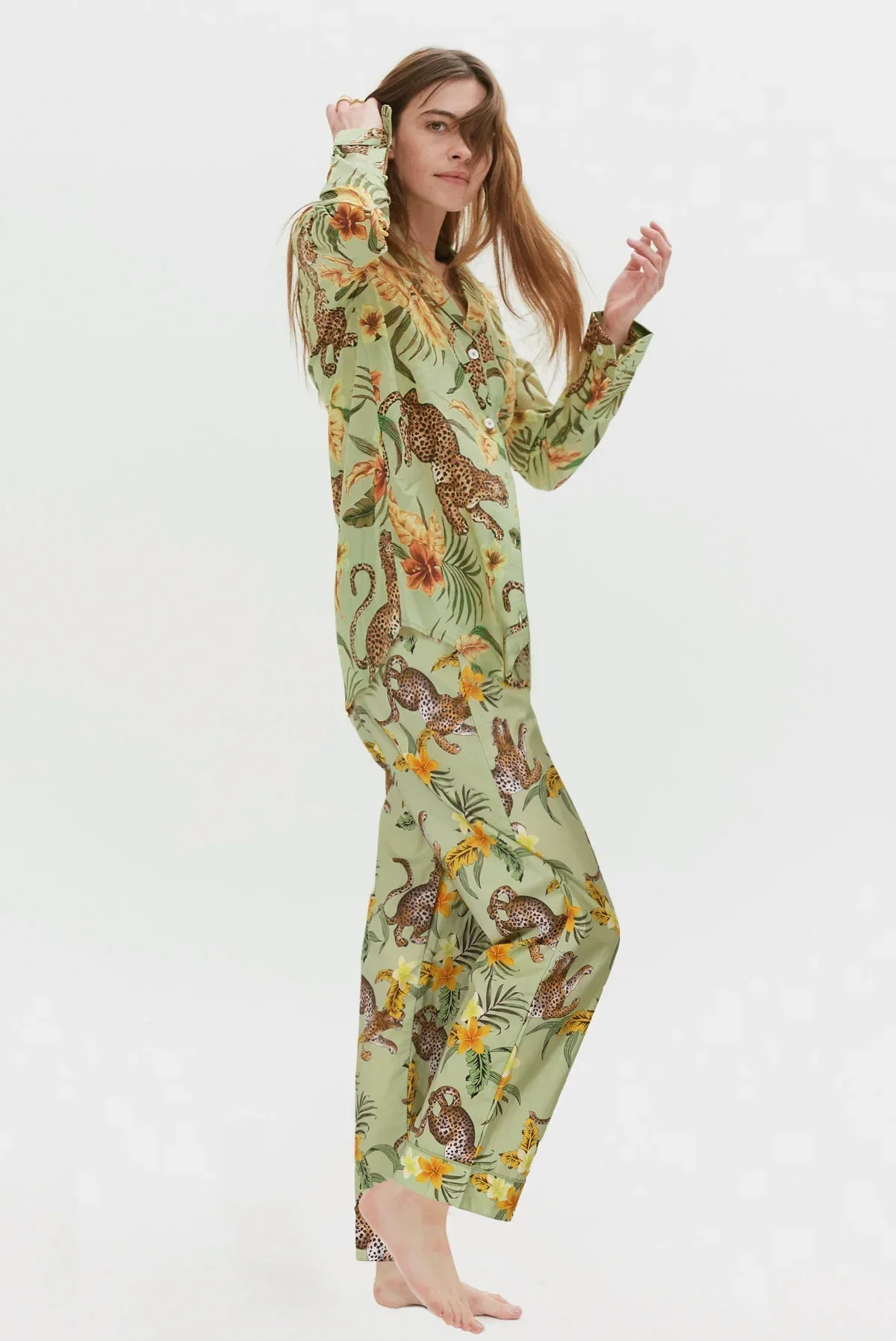 بيجامة نسائية جديدة بطباعة الغابة البرية سراويل بأكمام طويلة ملابس ترفيهية قطنية يمكن ارتداؤها في الخارج