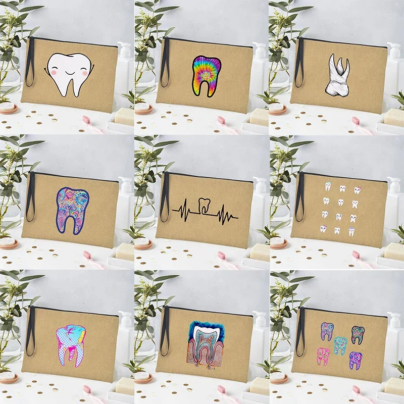 Aesthetic Funny Tooth Dentist Print Toiletry Bag Cosmetic Organizer Makeup Bag Fashion Travel Organizer Linen Cosmetic Bag