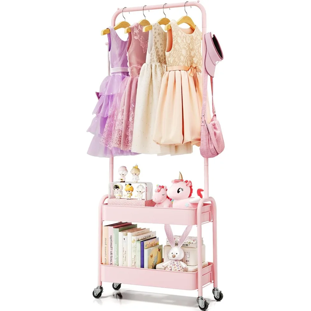 ราวแขวนเสื้อผ้าเด็กแบบพกพาพร้อมตะกร้าโลหะและที่เก็บของแบบมีล้อสำหรับตู้เสื้อผ้าเด็ก