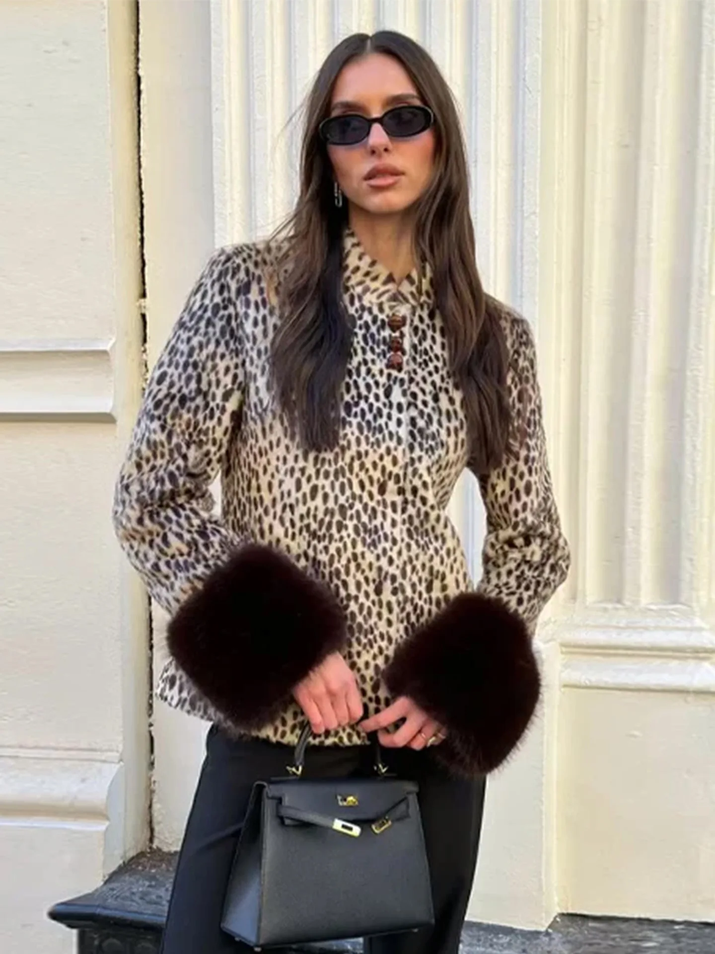 Siren Chic Street Leopard Print Fur Cuffs Jacket Women Stand Collar Full Sleeve Buttons Jackets 2026 Autumn Lady New Outwear