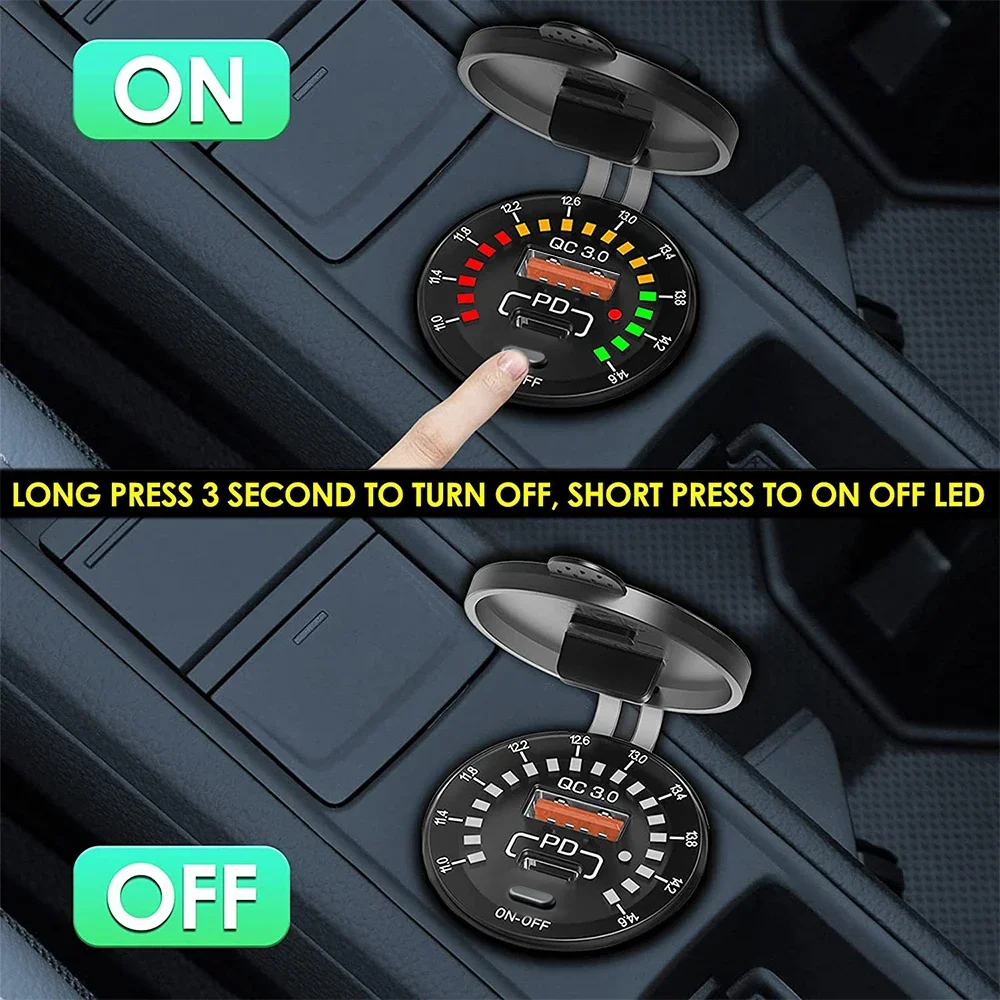 36W PD QC 3.0 Car Charger With LED Voltmeter ON OFF Switch 12/24V Waterproof USB PD Outlet Fast Charge For Car Motorcycle image 5