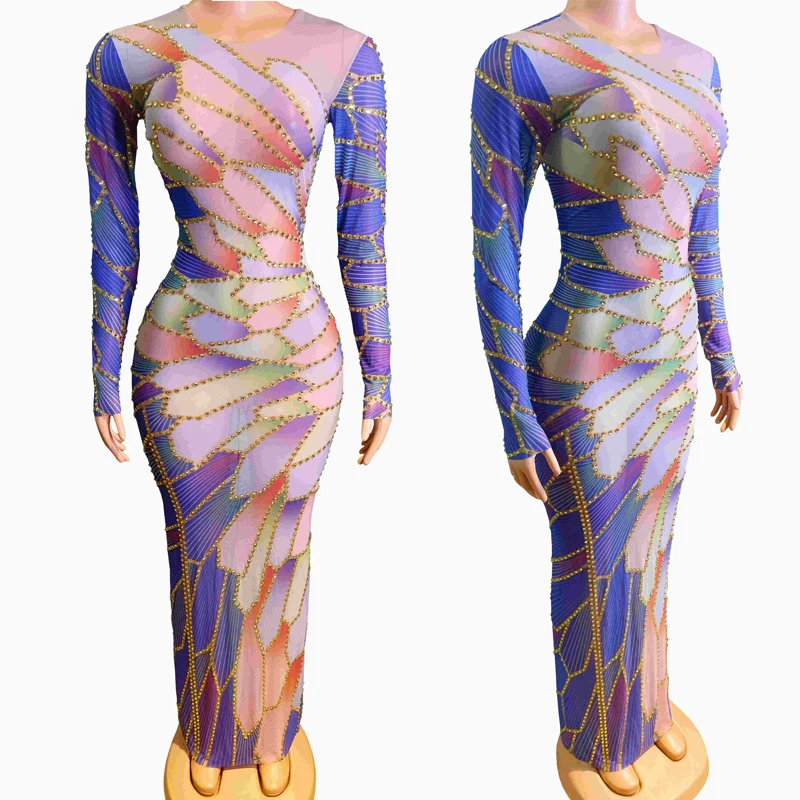 

Beautiful Long Sleeved Rhinestones Dress Women Party Evening Dresses Celebrate Festival Outfit Stage Show Costumes XS7568