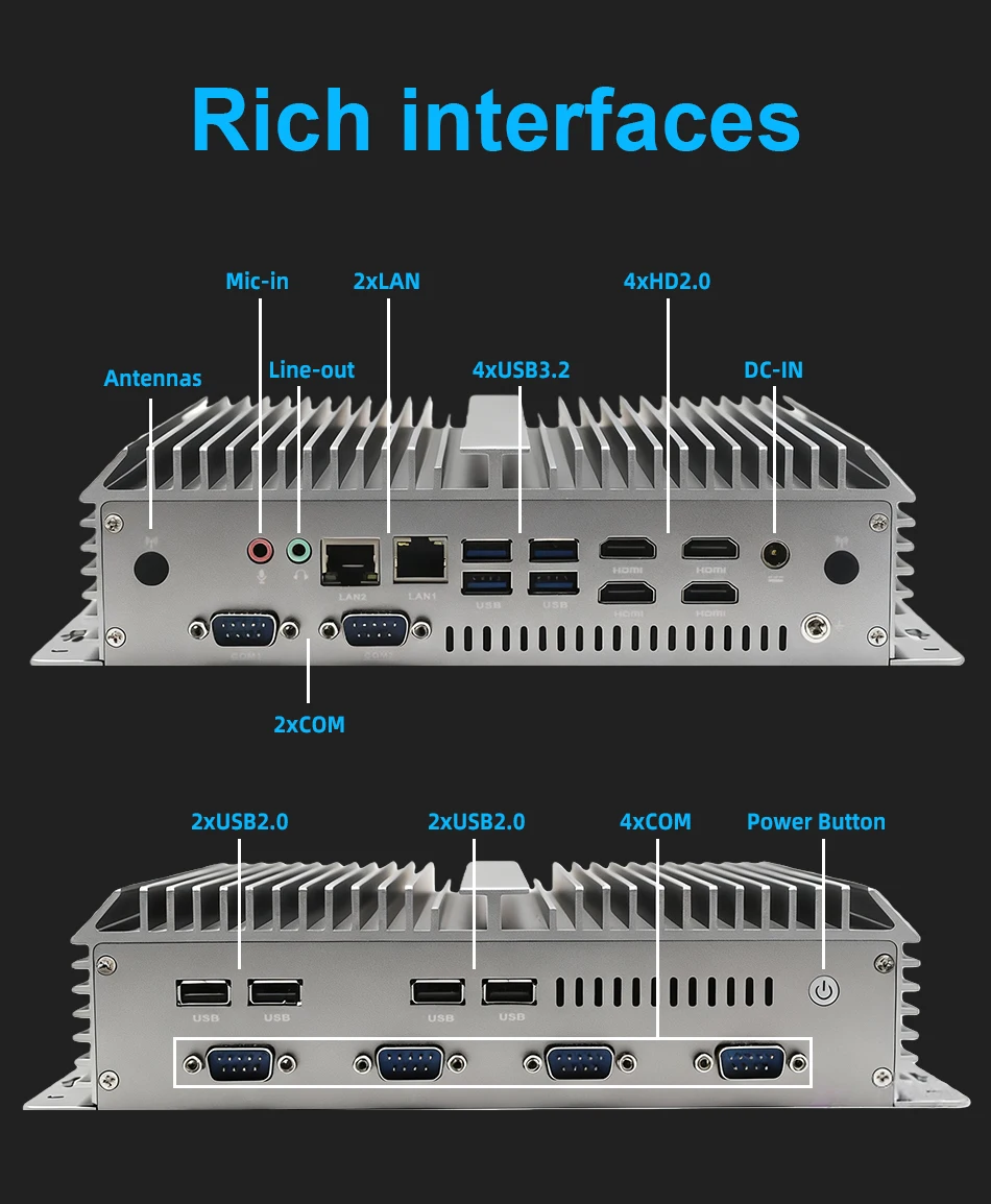 Mini PC Industri Tanpa Kipas 6-Port COM RS232 Intel Core i7 1255U RAM 8GB/16GB Dual LAN 4xHDMI Win11 Linux untuk Digital Signage IoT