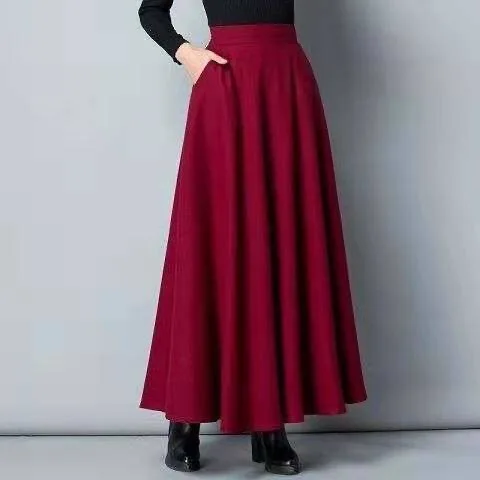 Autumn Winter Black Gray Large Size Woolen Long Skirt Women Fashion Korean Ladies Red High Waist Festival Pleated A-line Skirts