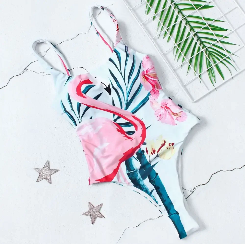 

Flamingo Print Swimsuit Women Swimwear One Piece Sexy Bodysuit High Cut Low Back Bathing Suit Swimming Suit for Women Monokini