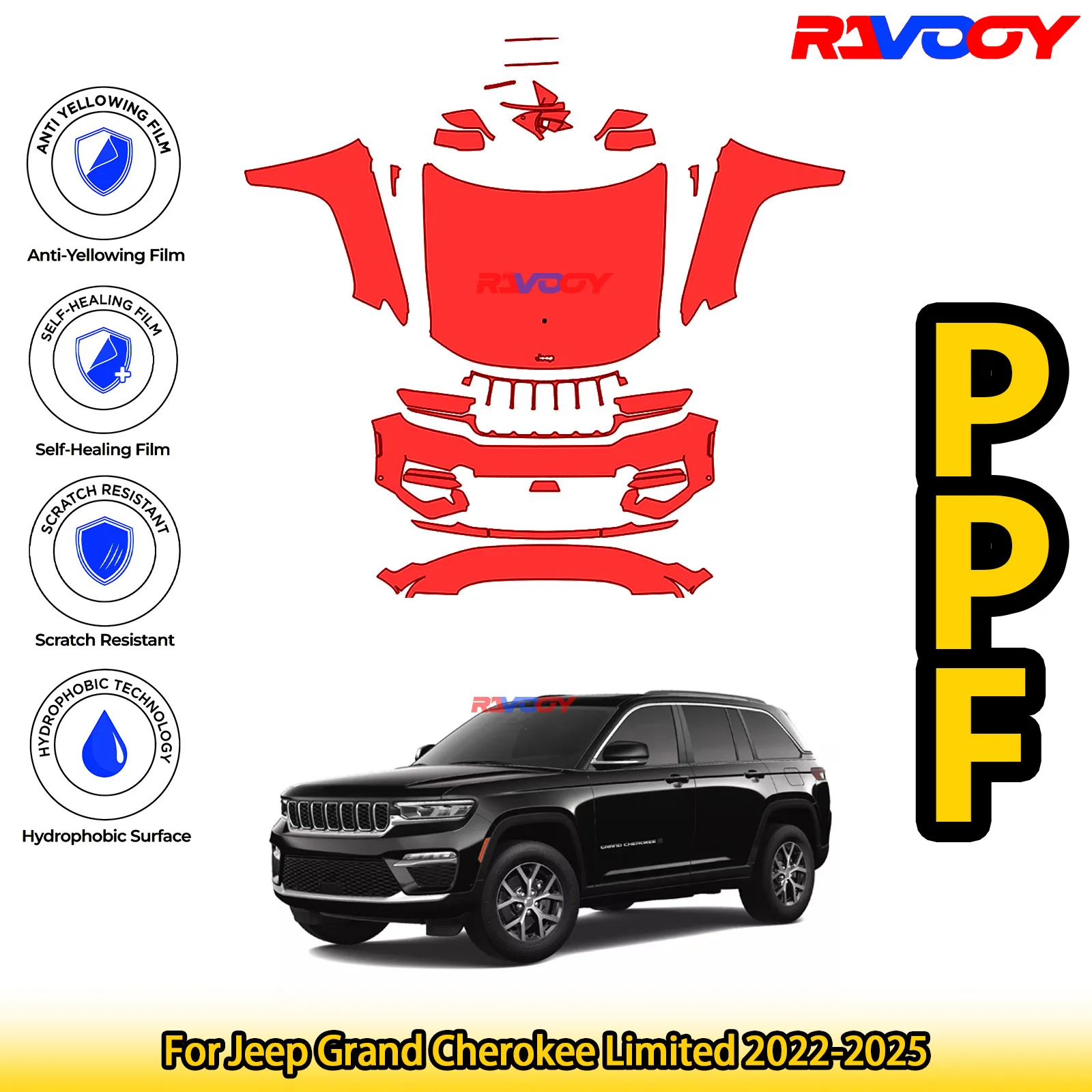 

Для Jeep Grand Cherokee Limited 2022-2025 глянцевая матовая черная предварительно вырезанная передняя защитная пленка PPF Kit
