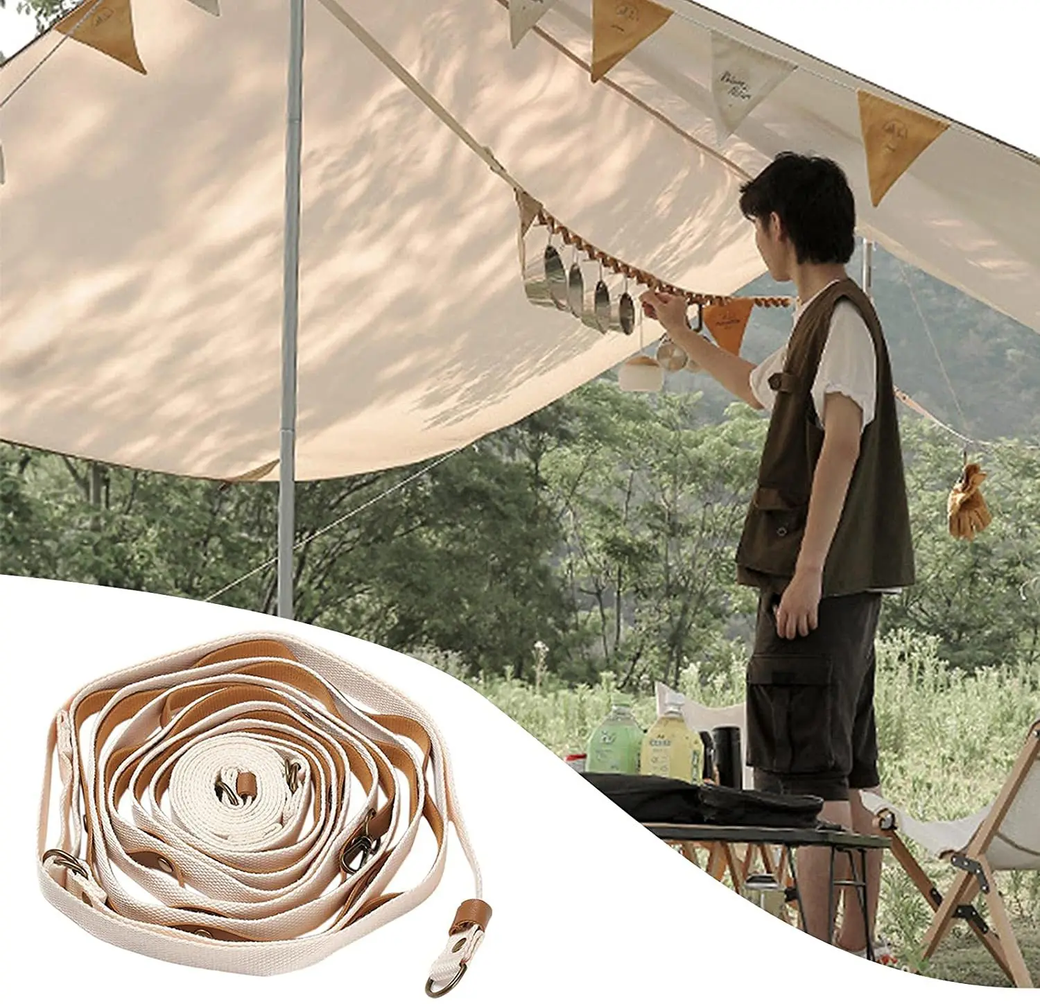 Outdoor camping clothesline travel leather PU canopy camping camping equipment webbing camouflage tent lanyard