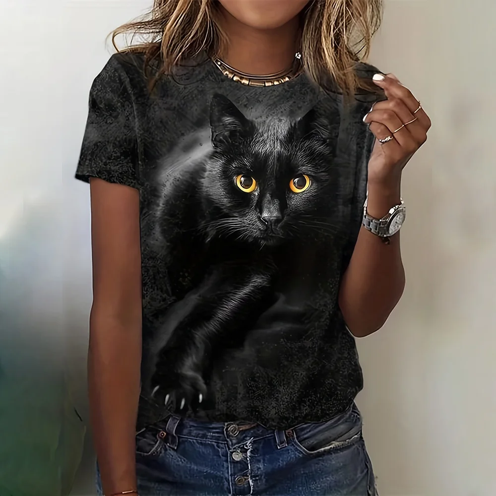 Cute Cat Graphic Print T-Shirt 2024 Casual Women's Short Sleeve T-Shirt New Female Tops Tee Clothing Fashion Slim Fit T Shirt