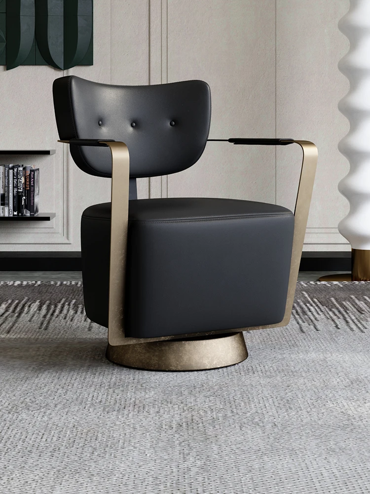 

Italian style minimalist leather leisure chair Nordic luxury style modern simple living room single swivel chair