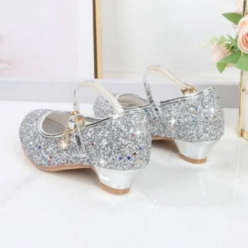 Children\'s Girls High Heeled Princess Style Cute Simple Flower Shoes Full Sequin Dance Shoes