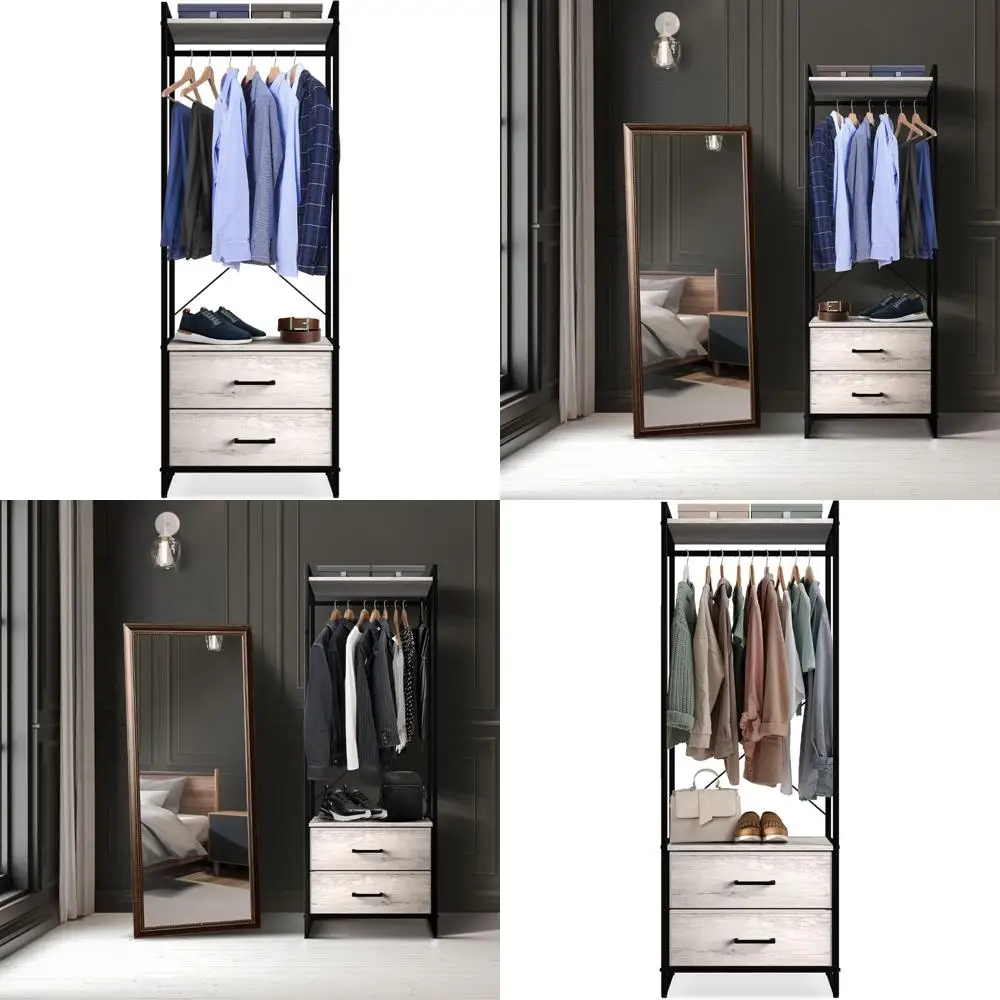 

Wooden Top Steel Frame Clothing Rack with Fabric Drawers - Tall Storage Organizer for Clothes