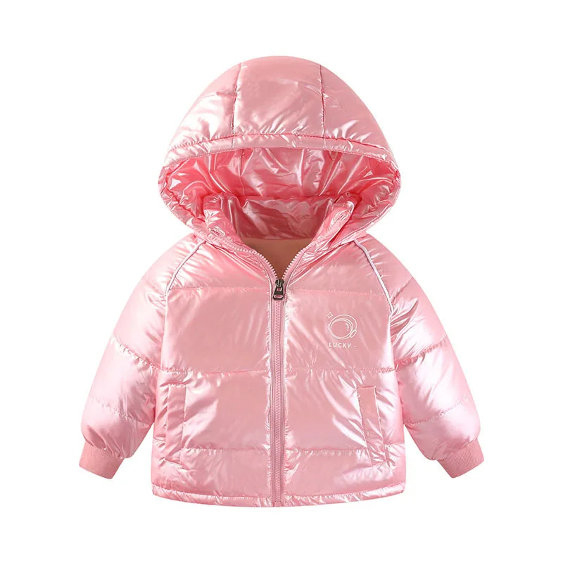 2023 Winter Boys Jacket Solid Color Glossy Cartoon Pattern Lining Plush Keep Warm Coat For 1-6Y Girls Hooded Down Cotton Outwear