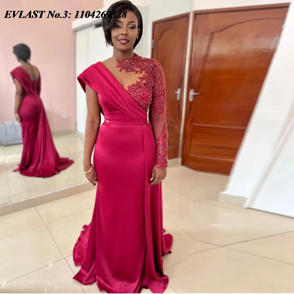 

EVLAST Customized Aso Ebi Pink Mermaid Prom Dress African Black Women Pleated Crystal Beaded Evening Gown Robe De Soirée E3P424