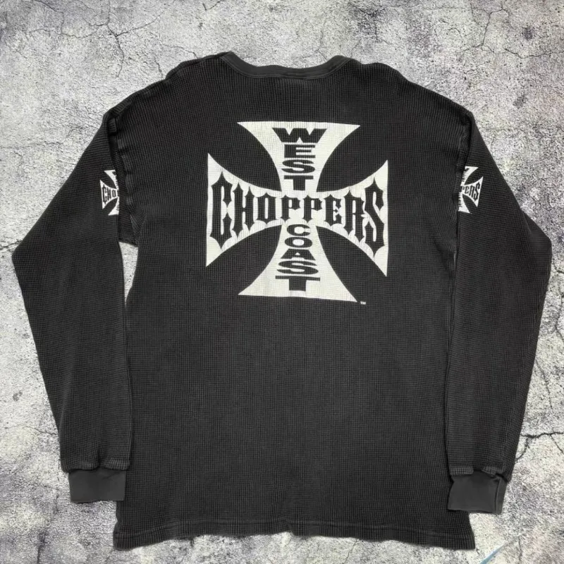 Oversize Black Pullover Waffle West Coast Choppers Long Sleeve Tshirts White Pointed Letter Print Cross Streetwear Men Women