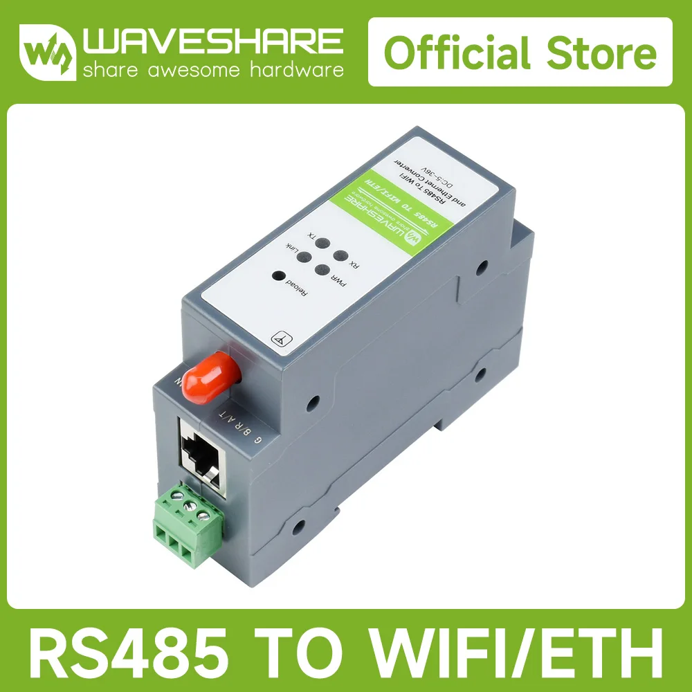 Waveshare Rail-Mount Serial Server RS485 to WIFI/Ethernet Module Modbus MQTT Gateway 5 ~ 36V DC, Screw Terminal WPA-PSK