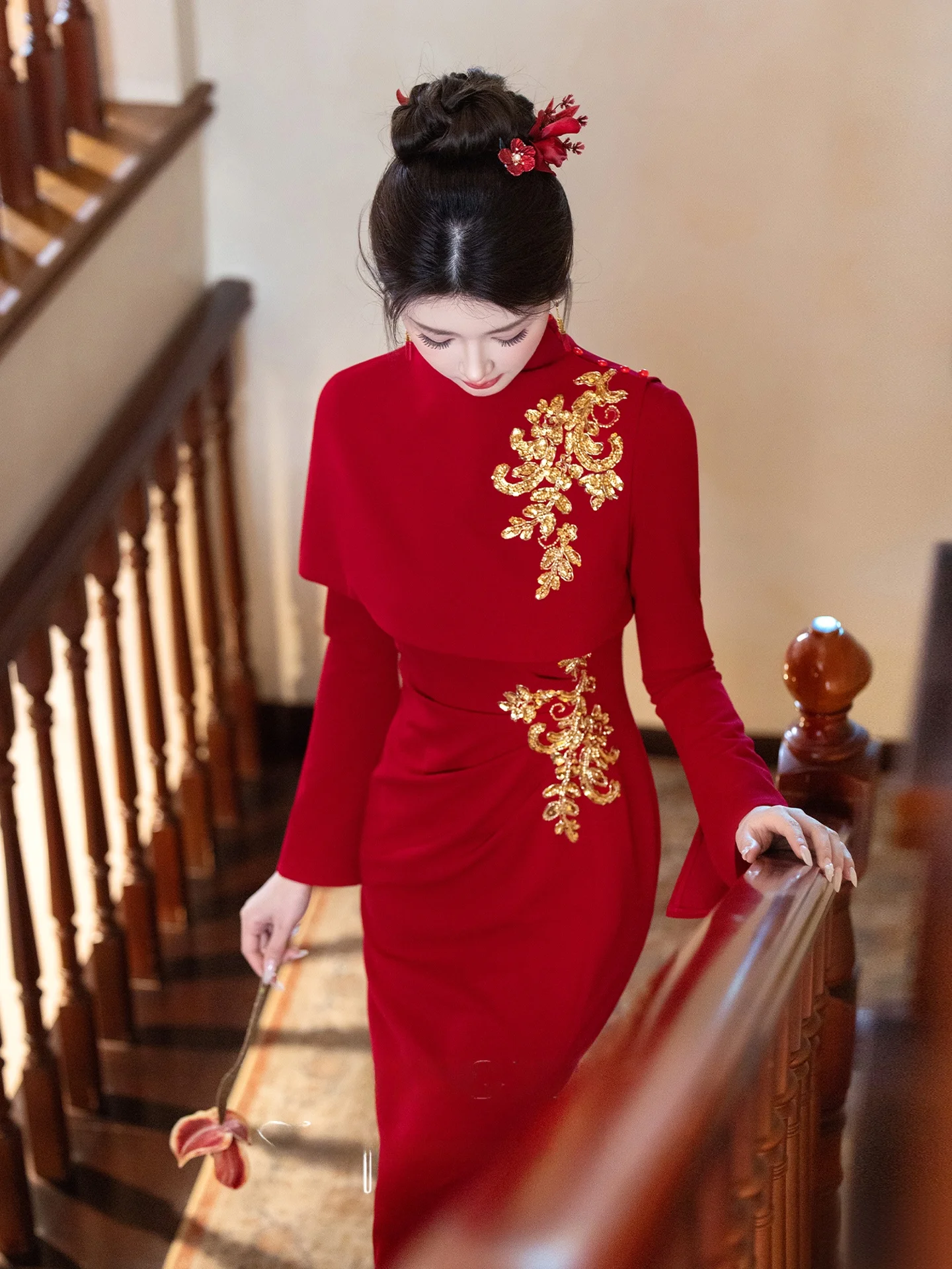 

Red Wedding Dr Two-Piece Set New Chinese Sle Qipao Ele Long-Sve Midi Dr Low Slit for Wedding Banquet Ceremony