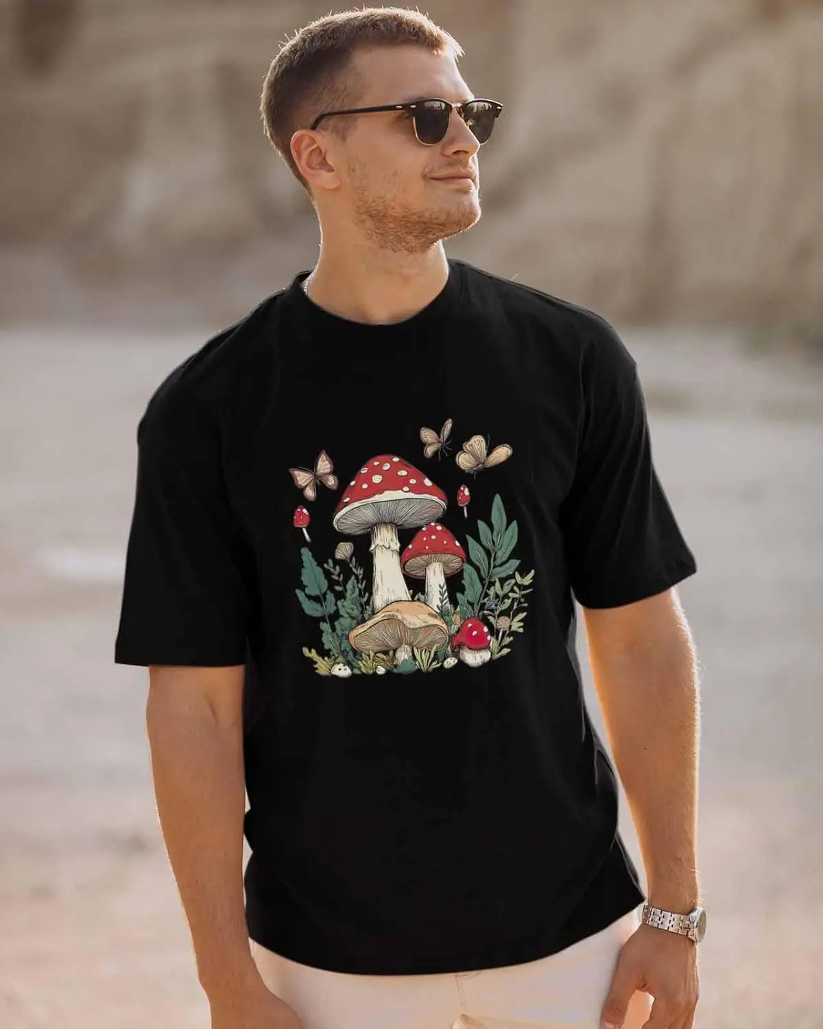 Men's T-Shirt, Novelty Graphic T-Shirt Mushroom Butterfly Leaf Plant Cotton Crew Neck Men's Short Sleeve Basic Tshirts Black-L