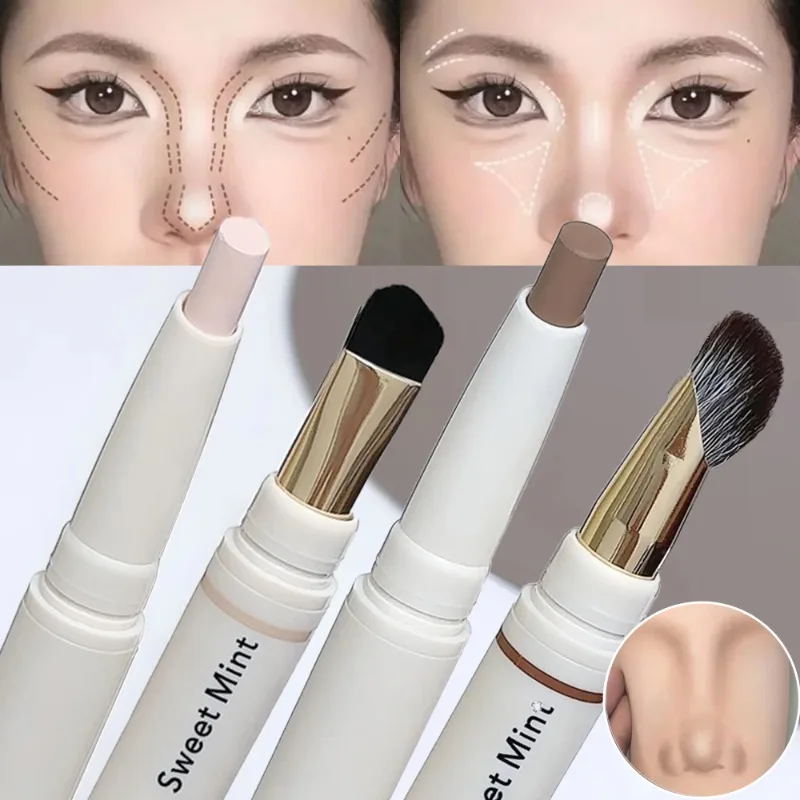 Crayon de contour double embout pour le nez avec pinceau estompeur, stick illuminateur et de contouring pour le visage, texture crème