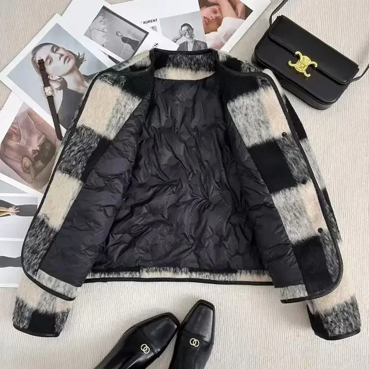 Zimní krátký kabát s hrubým vzorem, dámská módní vlněná bunda s kulatým výstřihem, plným rukávem a vnitřní výplní, podzimní a zimní, nový styl - náhled 4