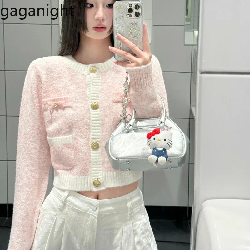 Gaganight Women Pink O neck Sweet Style Long Sleeved Sweater Cardigan 2024 Women's Autumn Loose Fit Slimming Short Sweater Top