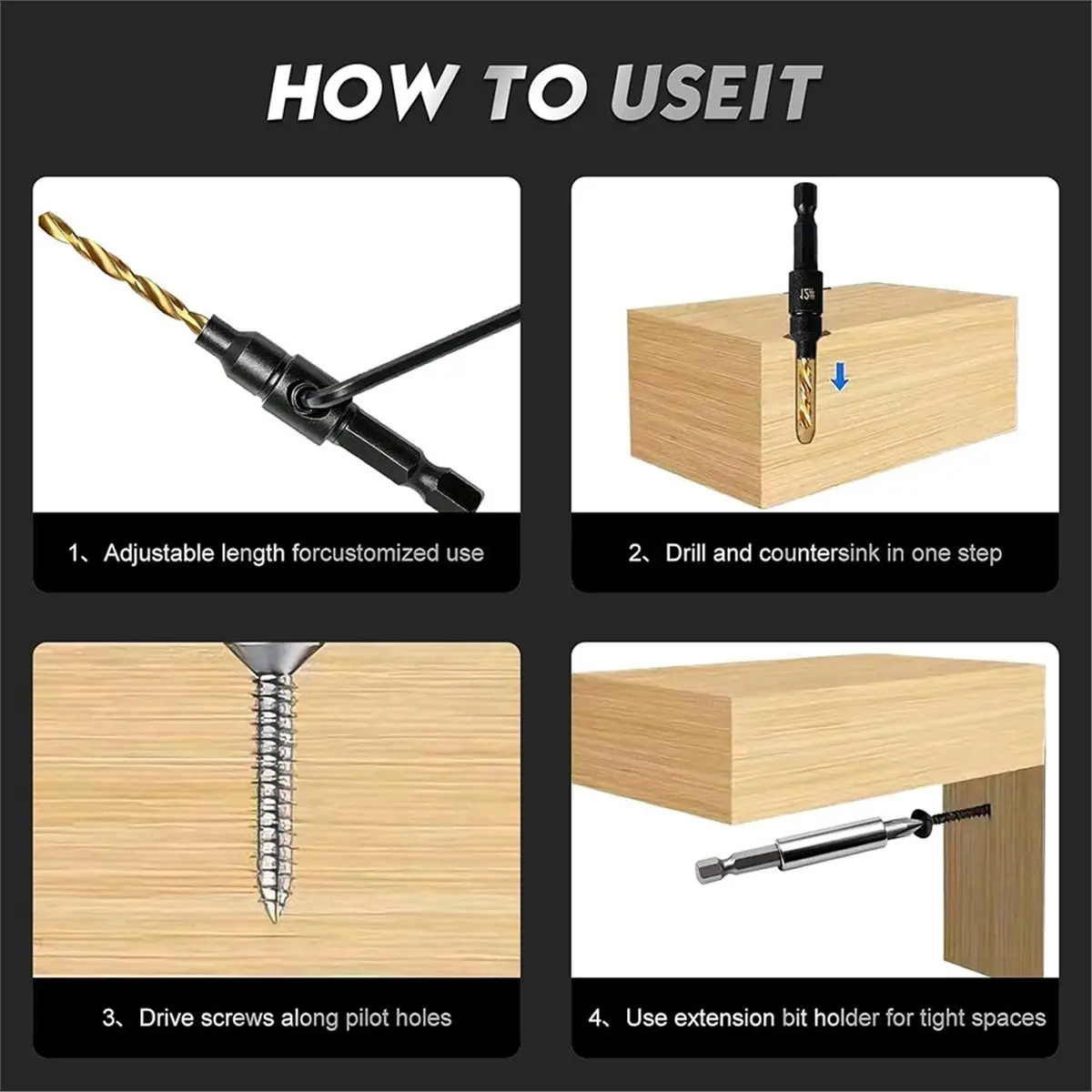 A78I 12PC Counter Sink Drill Bit Set for Wood - 5/ 6/ 8/ 10/ 12 Sizes, Adjustable, Precise Drilling, Easy to Disassemble