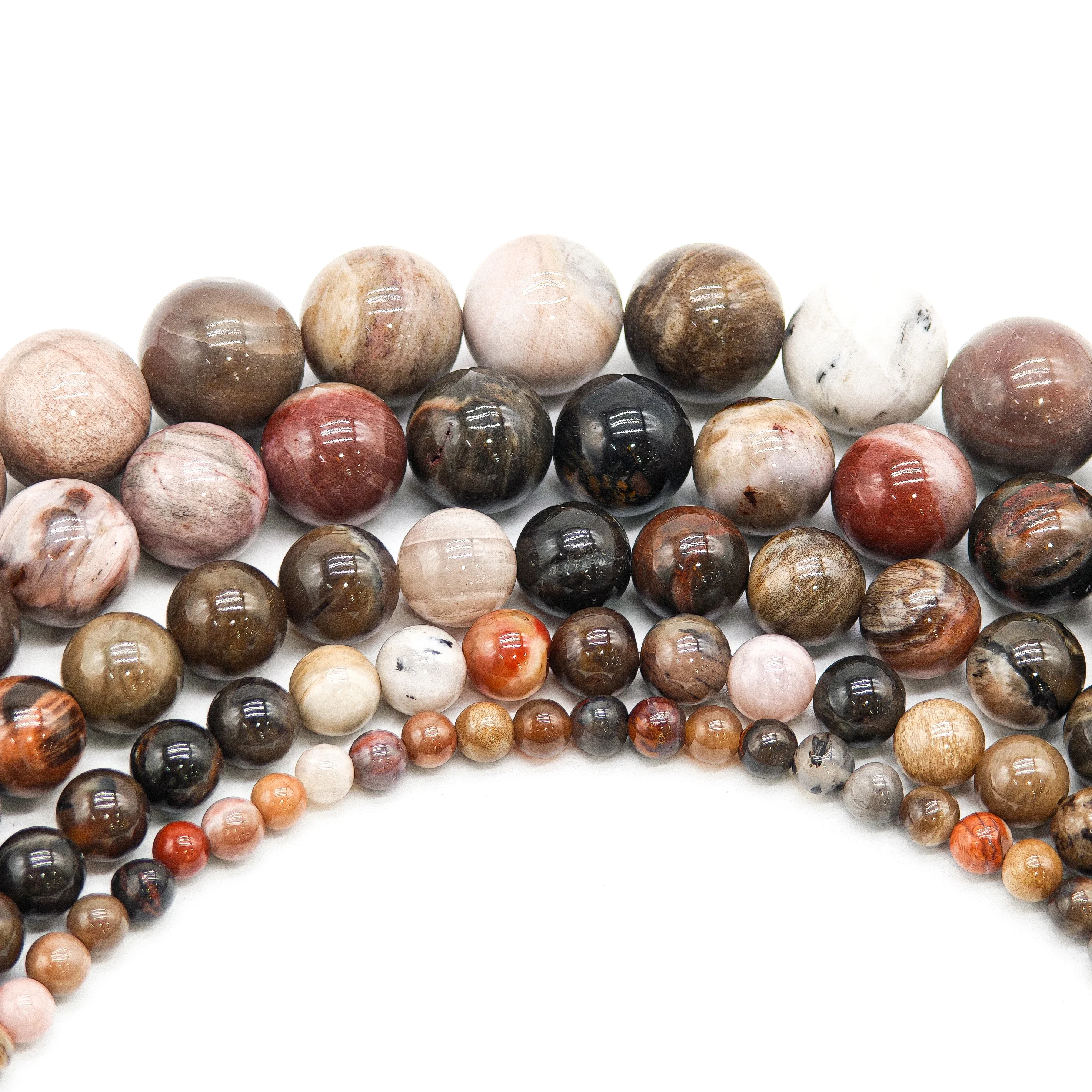 High - Quality Natural Petrified Wood Stone Round Beads, 4-10mm Round Brown Loose Beads for DIY Jewelry Making.