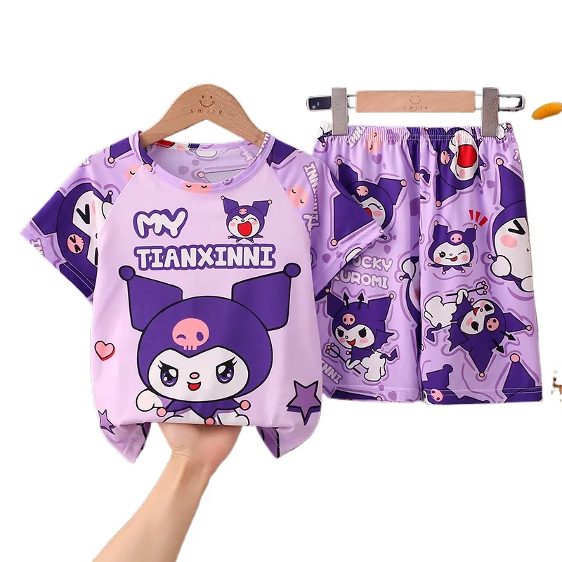 Anime Sanrios Summer Kids Pajamas Kawaii MyMelodys Kuromis Cinnamorolls Cartoon Short Sleeve Cardigan Loungewear Set