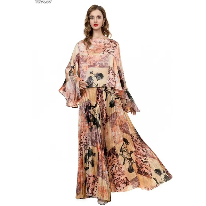 

Spring/Summer New Round Neck Bat Sleeve Printed Top+Elasticity High Waist Folded Half Skirt Women's 2-piece Set S-XXL