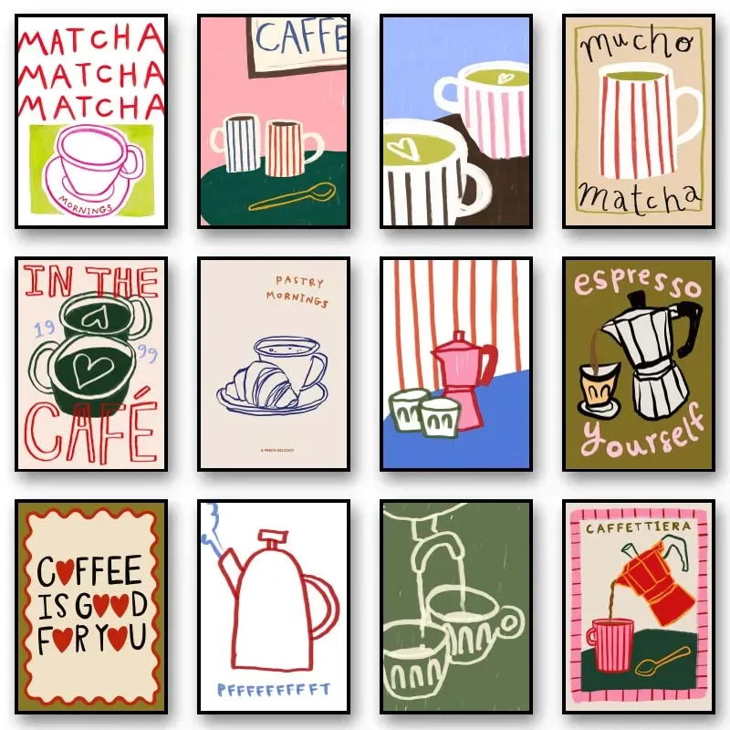 1pc frameless Canvas Trendy Kitchen Cafe Latte Espresso Coffee Posters Minimalist Lines Food Canvas Prints Wall Art Picture f